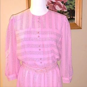 𝅺VINTAGE S/M 70s pink wiggle dress belted midi PBJ VTG rockabilly chiffon